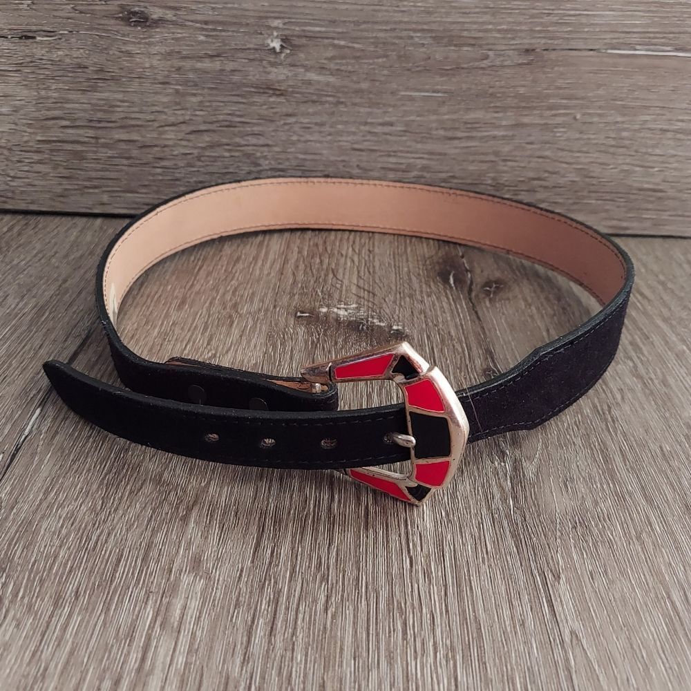 Black Suede Belt with Red, Black, and Silver-tone Geometric Buckle XS